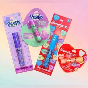 PEEPS & SWEETHEARTS 4Pc Valentine’s Day Candy Flavored Lip Balm & Lip Oil Bundle